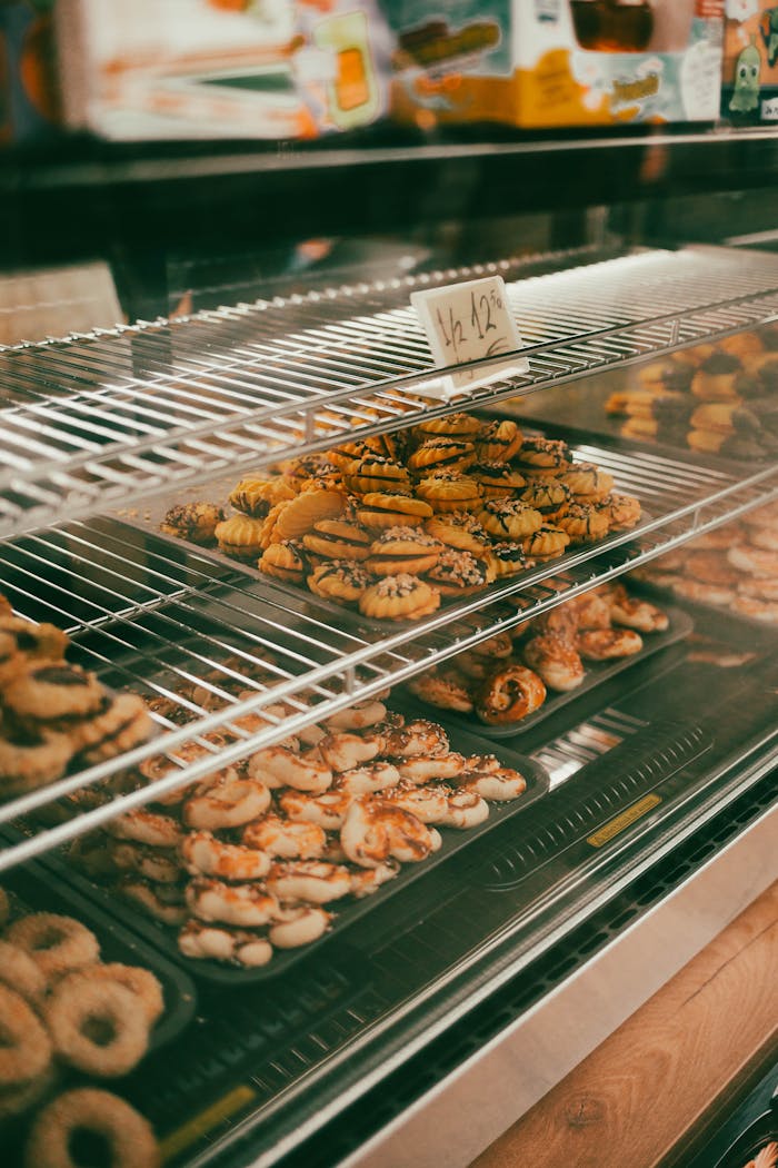 about-01 A tempting assortment of cookies in a Vienna bakery shop window display, showcasing variety and freshness.